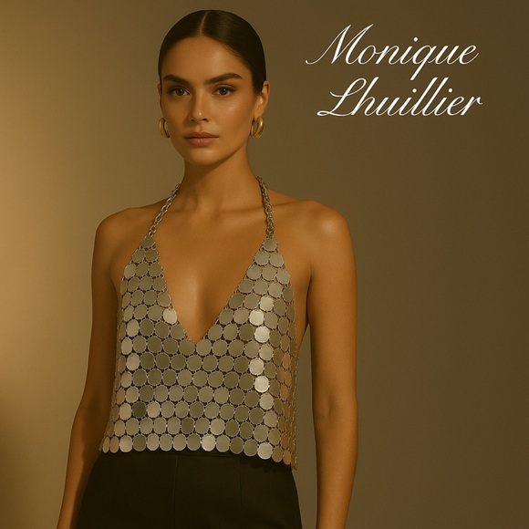 Monique Lhuillier Metallic Silver Chainmail Halter Top Luxury Showgirl Medium - Picture 3 of 9